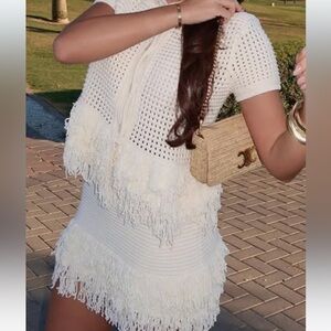 Zara Ivory Fringe Knit Top and Skirt Set